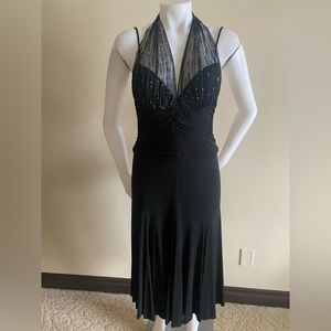 Badgley Mischka evening black midi dress halter sheer beaded cocktail size 8